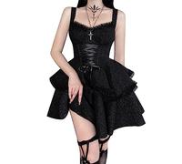 XKBHYD Plissee Kleid Damen Gothic Empire Taille Slip Minikleid Doppellagen Hohe Taille Geschnürt Plissiert Kreuz Kleider