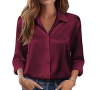 (XL,Burgundy)Women's satin shirt, silk button-down shirt, long-sleeved business casual top Burgundy XL