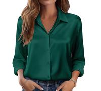 (XL,Green)Women's satin shirt, silk button-down shirt, long-sleeved business casual top Burgundy XL
