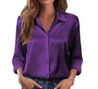 (XL,Purple)Women's satin shirt, silk button-down shirt, long-sleeved business casual top Burgundy XL