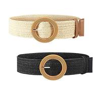 XLKJ 2 Stück Stroh Gewebt Taille Gürtel, Elastische Stretch Frauen Flechtgürtel mit Holz Stil Schnalle