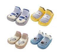 XM-Amigo 4 Paar Baby Hausschuhe Socken, rutschfeste PU-Sohle, Weiche Baumwoll-Socken Schuhe, Cartoon Jungen Hausschuhe 6-12 Monate