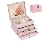 XMHome Schmuckschatulle 4 Ebenen,Schmuckkästchen mit eckigem Verschluss,großem Spiegel,schmuckaufbewahrung für Halsketten, Ringe& Ohrringe,Geschenk Rosa