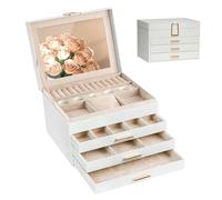 XMHome Schmuckschatulle 4 Ebenen,Schmuckkästchen mit eckigem Verschluss,großem Spiegel,schmuckaufbewahrung für Halsketten, Ringe& Ohrringe,Geschenk cremefarben