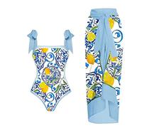 Xmiral Badeanzug für Damen Vintage Zitronen-Print 1-teilige + 1-teiliger Cover-Up Zweiteiliger Vintage-Print-Badeanzug Monokini-Bikini 2-teilig (XL,Blau-b)