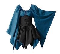 Xmiral Cocktailkleid Damen Abendkleider Elegant für Hochzeit Festliche Kleider Brautjungfernkleid Cosplay Kostüme Gothic Retro Langarm Korsett Kleid (ZC-Blue, S)