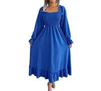 Xmiral Damen 2023 Lässiges, langärmliges, Kleid mit V-Ausschnitt, hoher Taille, Rüschen, abgestuften Midikleidern Kleider Damen Glitzer (M,Blau)
