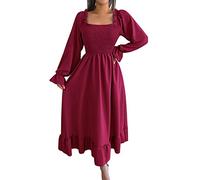 Xmiral Damen 2023 Lässiges, langärmliges, Kleid mit V-Ausschnitt, hoher Taille, Rüschen, abgestuften Midikleidern Kleider Damen Glitzer (S,Rot)