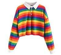 Xmiral Damen Bluse Regenbogen Streifen Knopf Hemdkragen Kurz Sweatshirt Tops Mehrfarbig Spleiß Oberteile T-Shirt(a Rot,XL)