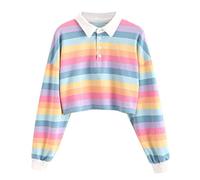 Xmiral Damen Bluse Regenbogen Streifen Knopf Hemdkragen Kurz Sweatshirt Tops Mehrfarbig Spleiß Oberteile T-Shirt(a Rosa,XL)