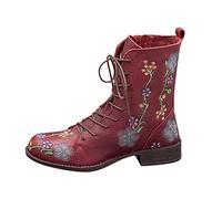 Xmiral Damen Ritterstiefel Vintage Blume Stickerei Blockabsatz Lange Stiefeletten Reißverschluss Schnürhalbschuhe (Rot, 40)