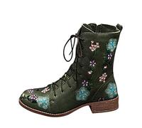 Xmiral Damen Ritterstiefel Vintage Blume Stickerei Blockabsatz Lange Stiefeletten Reißverschluss Schnürhalbschuhe (Grün, 41)