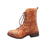 Xmiral Damen Ritterstiefel Vintage Blume Stickerei Blockabsatz Lange Stiefeletten Reißverschluss Schnürhalbschuhe (Orange, 38)
