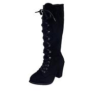 Xmiral Damen Schnürstiefel Retro Mittelhohe Winterstiefel Schnüren Stiefel Mit Hohem Absatz (Schwarz, 41)