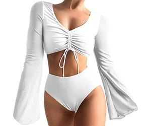 Xmiral Damen Sexy Langarm Cover Up Split Bikini Badeanzug Bikini Set Sommer Klamotten Herren (M,Weiß-b)
