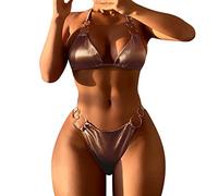 Xmiral Damen-Split-Badeanzug, Satin, Bikini-Anzug mit Schnürung, zweiteiliges Set Bademode Damenn Bügel (M,Braun)