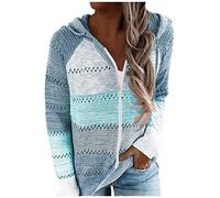 Xmiral Damen Stricken Farbpatchwork Kapuzenpullover Lange Ärmel Reißverschluss Strickjacke Große Größe Dünner Mantel(Himmelblau,5XL)