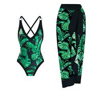 Xmiral Damen Vintage Badeanzug Blumendruck U-Ausschnitt 1 Stück + 1 Stück Coffon Cover UP Zweiteiliger Vintage Druck Badeanzug Monokini Kinder Schwarz (S,Schwarz-c)