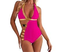 Xmiral Eine von Sommermode einfarbig hängender Hals sexy Badeanzug Set Schwimmsachen Damen (L,Hot Rosa-2)