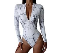 Xmiral Einteiliger Damen Badeanzug Bedruckter Langarm Reißverschluss Surfwear Bikini Konservativ Einteiler Bademode (Weiß, L)