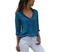 Xmiral Frauen Damen Chiffon Langarm Umlegekragen Shirt Casual Lose Tops Bluse (L,Blau)