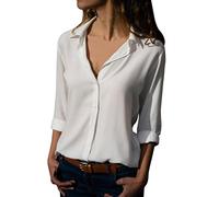 Xmiral Frauen Damen Chiffon Langarm Umlegekragen Shirt Casual Lose Tops Bluse (S,Weiß)