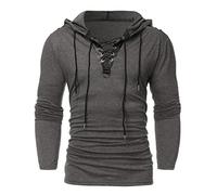 Xmiral Herren Kapuzenoberteile Kordelzug Vintage Leder Patchwork Langarm Sweatshirt Tops Pullover(L,Dunkelgrau)