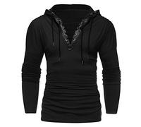Xmiral Herren Kapuzenoberteile Kordelzug Vintage Leder Patchwork Langarm Sweatshirt Tops Pullover(XL,Schwarz)
