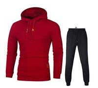 Xmiral Herren Sweatshirt Top + Hosen Herbst Langarm Plaid Hoodie Mit Kapuze T-Shirt Outwear(Rot mit Hosen,XL)