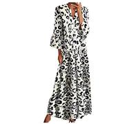 Xmiral Kleid Damen Sommer 3/4 Ärmel Rüschen V-Ausschnitt Frau Loses Kleid Leopardenmuster Maxikleid(Weiß,XL)