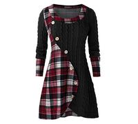 Xmiral Pullover Damen Splei?Knopf Tops Bluse Langarm Unregelm溥iger Saum Sweatshirt Herbst Winter Plaid Tartan Tunika Strickwaren(d Schwarz,L)