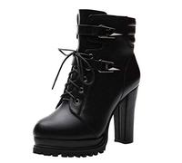 Xmiral Schnürstiefel mit dicken Absätzen für Damen, Stiefeletten mit dicken Sohlen im britischen Stil für Frauen, wasserdichte Plateau-Damenstiefel mit hohen Absätzen(40,Schwarz)