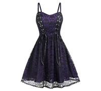 Xmiral Spitzennetz Patchwork Gothic Kleid f黵 Damen Riemchen Hohe Taille Camisole A-Linie Minikleid(Lila,XXL)