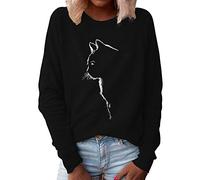 Xmiral Sweatshirt Damen Katze Gedruckt Einfarbig Pullover Slim Fit Langarm O-Ausschnitt T-Shirt Bluse(Schwarz,XL)