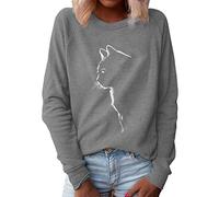 Xmiral Sweatshirt Damen Katze Gedruckt Einfarbig Pullover Slim Fit Langarm O-Ausschnitt T-Shirt Bluse(Grau,XL)