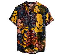 Xmiral T-Shirt Hemd Herren Kurzarm Henry Kragen Hawaii Stil Gedruckte Sommer Shirt Men's Pers鰊lichkeit Slim Fit Baumwolle und Leinen(c Gelb,3XL)