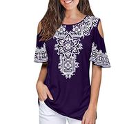 Xmiral Tops Damen Kurzarm Rundhals T-Shirt Print Weg Von Der Schulter Plus Größen-Sommer-Bluse Beiläufiges Wilde Elegante Slim Fit Bluse(Violett,5XL)