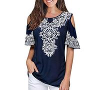Xmiral Tops Damen Kurzarm Rundhals T-Shirt Print Weg Von Der Schulter Plus Größen-Sommer-Bluse Beiläufiges Wilde Elegante Slim Fit Bluse(Blau,5XL)