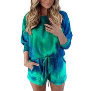 Xniral Damen Pyjama Schlafanzug Kurz Tie-Dye Bedruckte Nachtwäsche Nachthemd Hausanzug Set