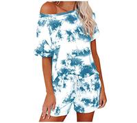 Xniral Damen Pyjama Schlafanzug Kurz Tie-Dye Bedruckte Nachtwäsche Nachthemd Hausanzug Set Kurzarm Rundhals-Ausschnitt für Sommer(h Himmelblau,XXL)