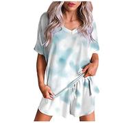 Xniral Damen Pyjama Schlafanzug Kurz Tie-Dye Bedruckte Nachtw鋝che Nachthemd Hausanzug Set Kurzarm Rundhals-Ausschnitt f黵 Sommer(C Gr黱,5XL)