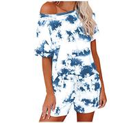 Xniral Damen Pyjama Schlafanzug Kurz Tie-Dye Bedruckte Nachtw鋝che Nachthemd Hausanzug Set Kurzarm Rundhals-Ausschnitt f黵 Sommer(h Blau,XXL)