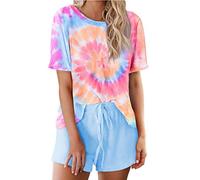 Xniral Damen Pyjama Schlafanzug Kurz Tie-Dye Bedruckte Nachtw鋝che Nachthemd Hausanzug Set Kurzarm Rundhals-Ausschnitt f黵 Sommer (B Rosa,L)