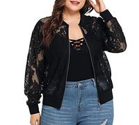 Xniral Damen Strickjacke Bluse Spitze Langarmbluse Aufdecken Oberbekleidung Mantel Große Größe Strand Lace Patchwork Frau Jacke(A-Schwarz,5XL)
