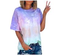 Xniral Damen T-Shirt Tie-Dye Farbverlauf Beiläufig Übergroße Lose Basic Tops Bluse Sport Yoga Shirt Tshirts Rundhals Oberteile(Blau,XL)