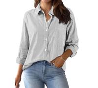 Xnova Bluse Damen Langarm Gestreifte, V Ausschnitt Button Down Hemd Oberteile Tops Baumwolle Streifenbluse, Elegante Hemdbluse Blusenshirt Casual Büro Basic Shirt Business Outfit (Schwarz, XXL)