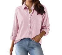 Xnova Bluse Damen Langarm Gestreifte, V Ausschnitt Button Down Hemd Oberteile Tops Baumwolle Streifenbluse, Elegante Hemdbluse Blusenshirt Casual Büro Basic Shirt Business Outfit (Rot, XXL)