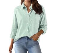 Xnova Bluse Damen Langarm Gestreifte, V Ausschnitt Button Down Hemd Oberteile Tops Baumwolle Streifenbluse, Elegante Hemdbluse Blusenshirt Casual Büro Basic Shirt Business Outfit (Grün, XXL)