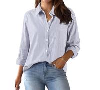 Xnova Bluse Damen Langarm Gestreifte, V Ausschnitt Button Down Hemd Oberteile Tops Baumwolle Streifenbluse, Elegante Hemdbluse Blusenshirt Casual Büro Basic Shirt Business Outfit (Blau, XL)