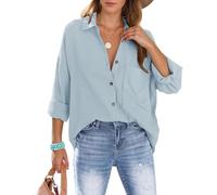 Xnova Bluse Damen Oversize Oberteile Hemd, Langarmshirt Baumwolle Hemden Blusen mit Knöpfen, Lässige Einfarbig Hemdbluse Tops Strandhemd Blouses (Blau 02, XL)